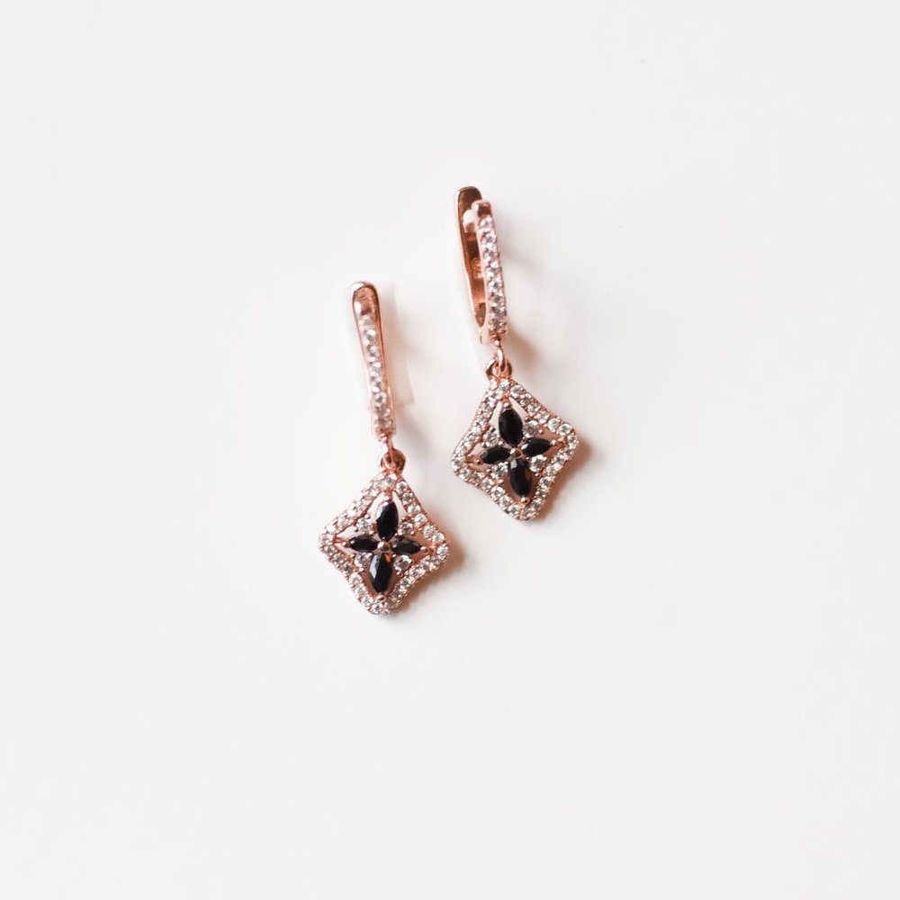 Dainty Rose Gold Diamond and Black Stone Earrings Pair